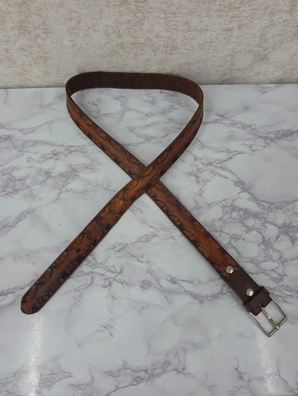 Vintage Tooled Brown Leather Belt with Silver Buckle VERY WORN